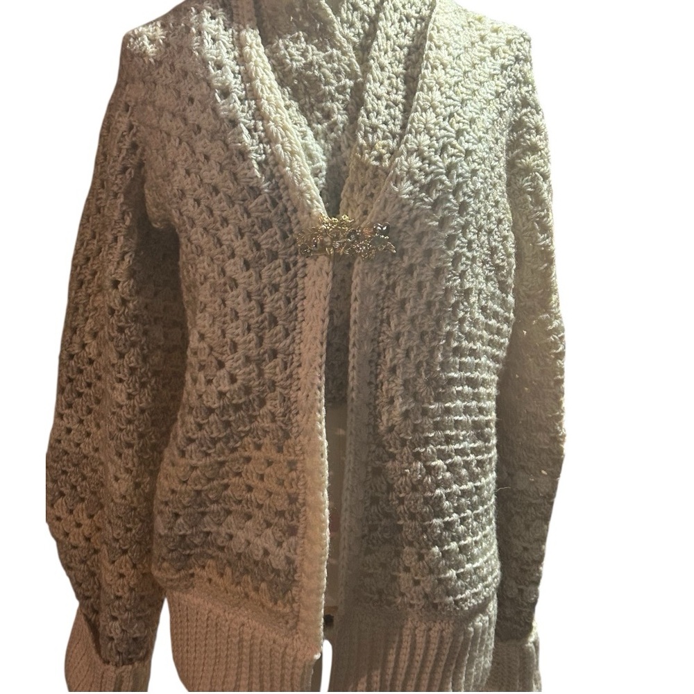 Cozy Crochet Sweater in Variegated Cream with infinity scarf and brooch